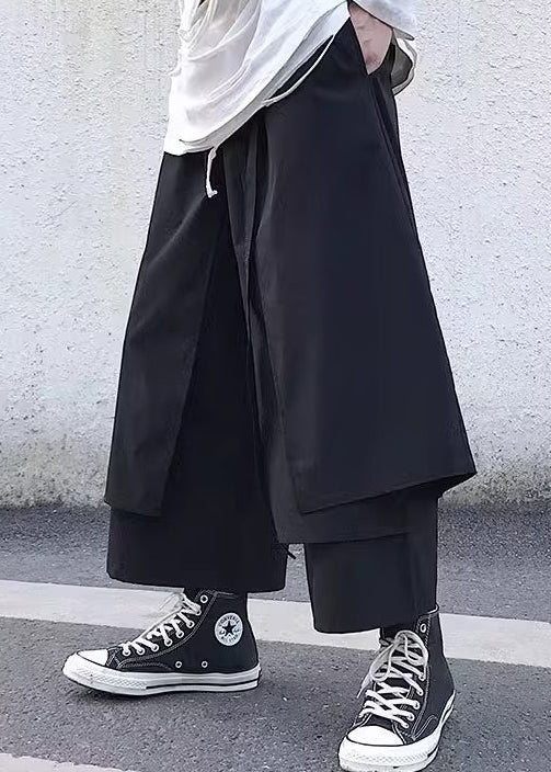 New Black Pockets False Two Pieces Cotton Crop Pants Fall