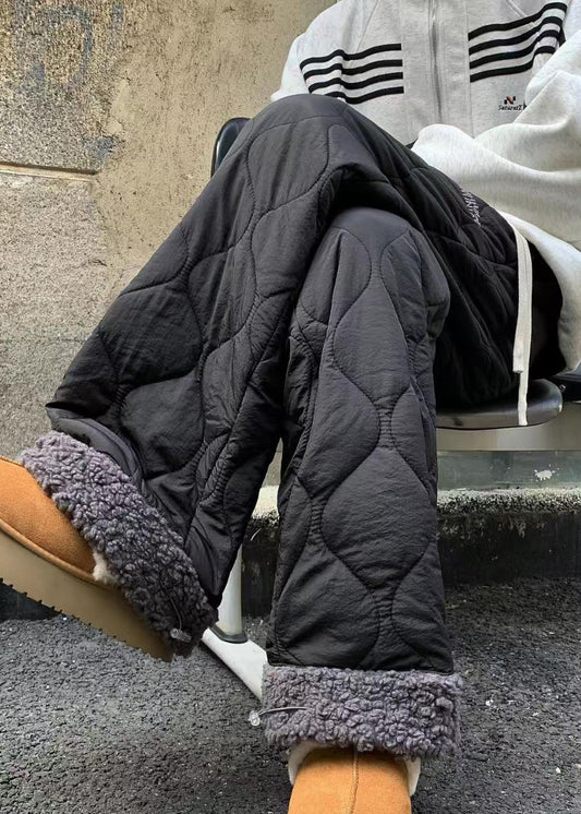 New Black Pockets Patchwork Warm Fleece Pants Winter