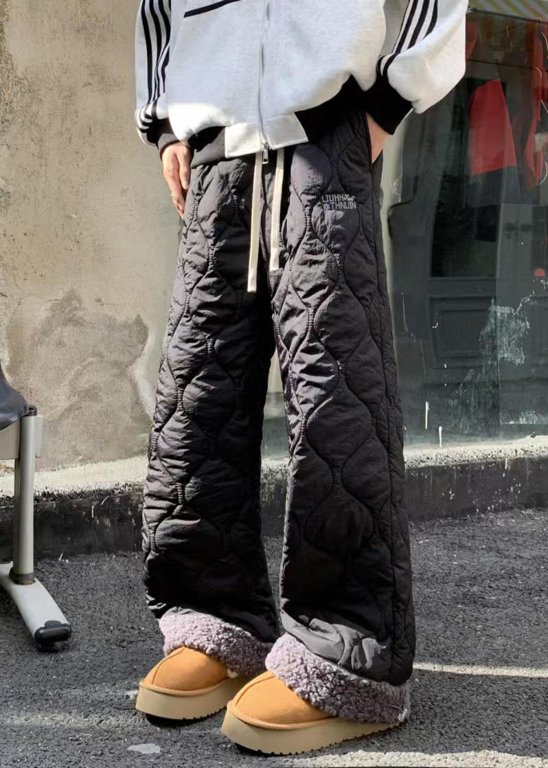 New Black Pockets Patchwork Warm Fleece Pants Winter