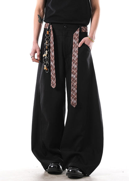 New Black Pockets Sashes Cotton Straight Pants Fall