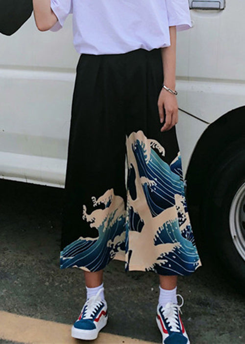 New Black Print Elastic Waist Ice Silk Wide Leg Pants Summer