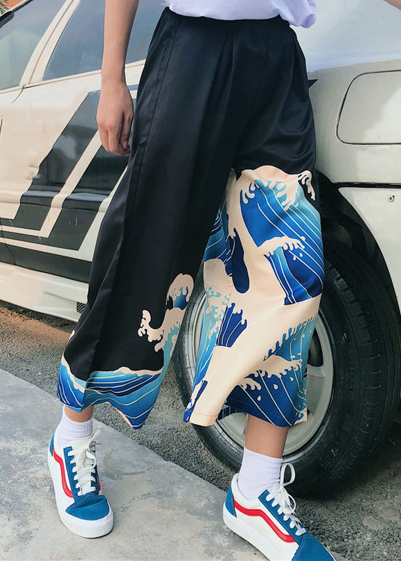 New Black Print Elastic Waist Ice Silk Wide Leg Pants Summer