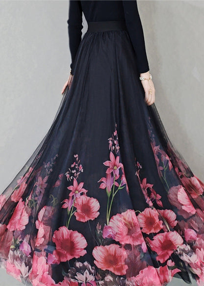 New Black Print High Waist Tulle Skirt Spring