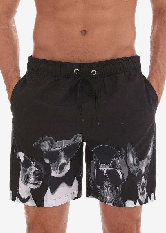 New Black Print Lace Up Elastic Waist Cotton Shorts Summer