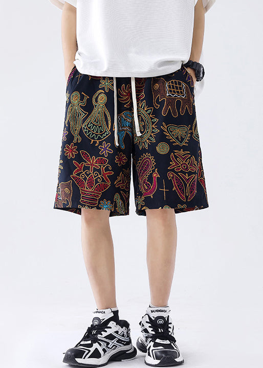 New Black Print Pockets Ice Silk Summer Shorts