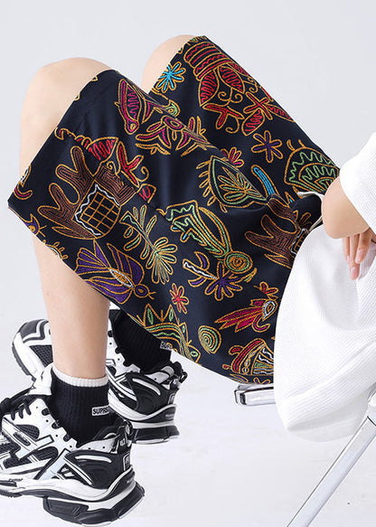 New Black Print Pockets Ice Silk Summer Shorts