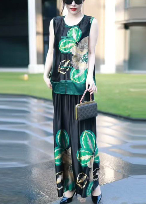 New Black Print Tank and Wide Leg Pants Silk Two Pieces Set Sleeveless