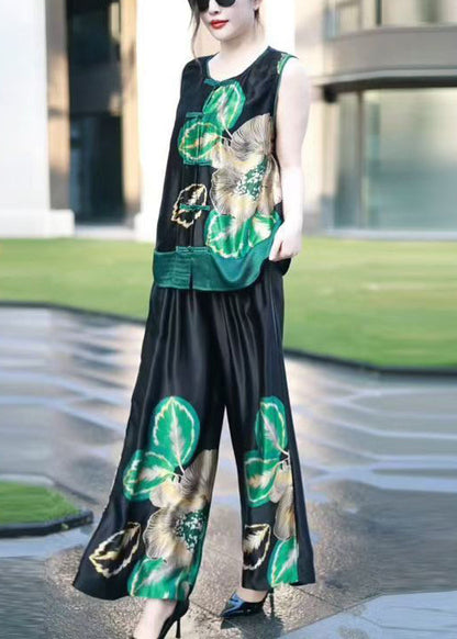 New Black Print Tank and Wide Leg Pants Silk Two Pieces Set Sleeveless