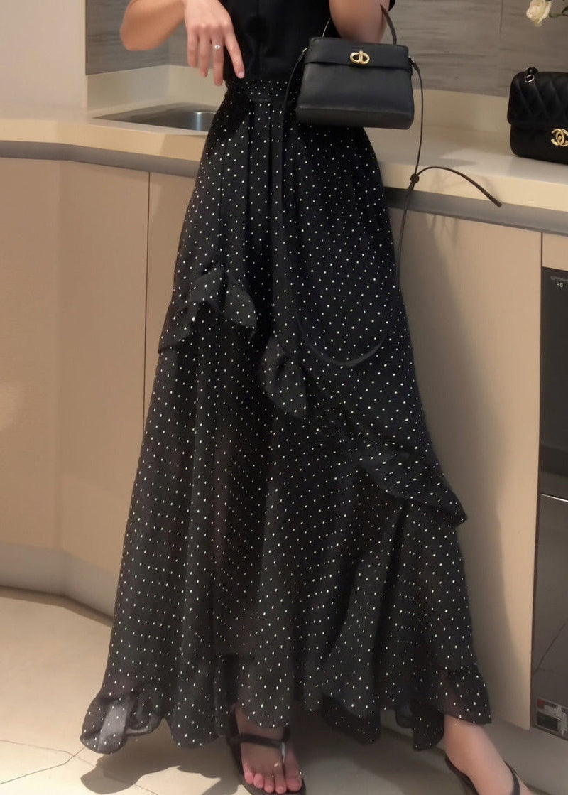 New Black Ruffled Dot Side Open Chiffon Skirt Summer