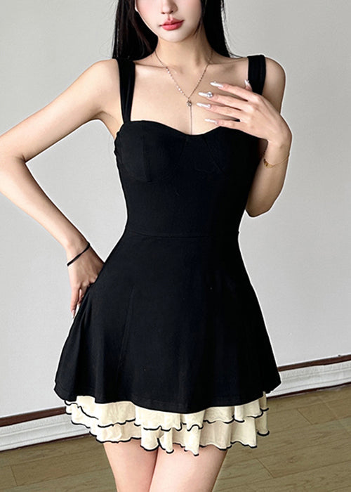New Black Tulle Patchwork Cotton Spaghetti Strap Dresses Sleeveless