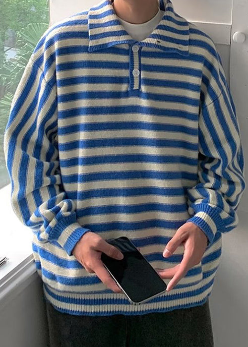 New Black Striped Turtleneck Button Knit Sweaters Fall