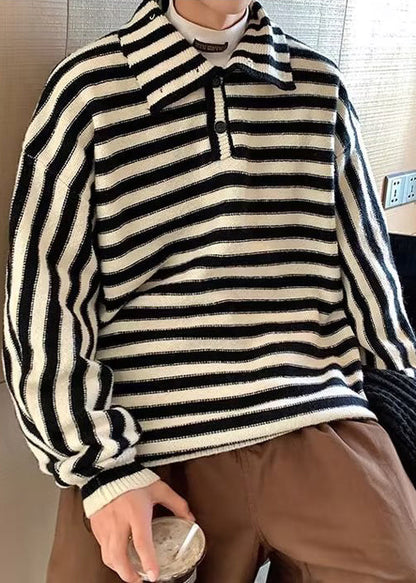 New Black Striped Turtleneck Button Knit Sweaters Fall