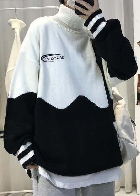 New Black Turtleneck Patchwork Knit Sweaters Winter