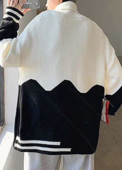 New Black Turtleneck Patchwork Knit Sweaters Winter