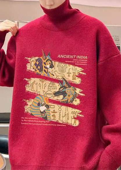New Black Turtleneck Print Knit Sweaters Pullover Winter
