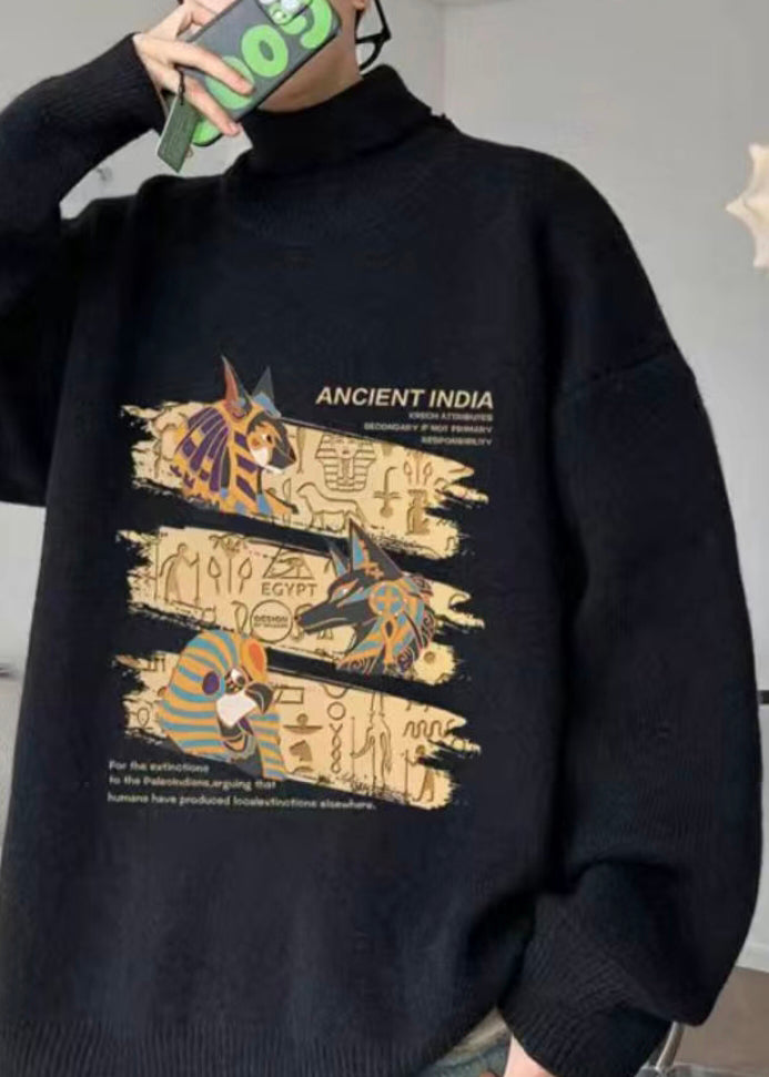 New Black Turtleneck Print Knit Sweaters Pullover Winter