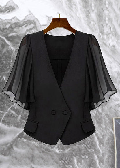 New Black V Neck Button Chiffon Patchwork Coat Butterfly Sleeve