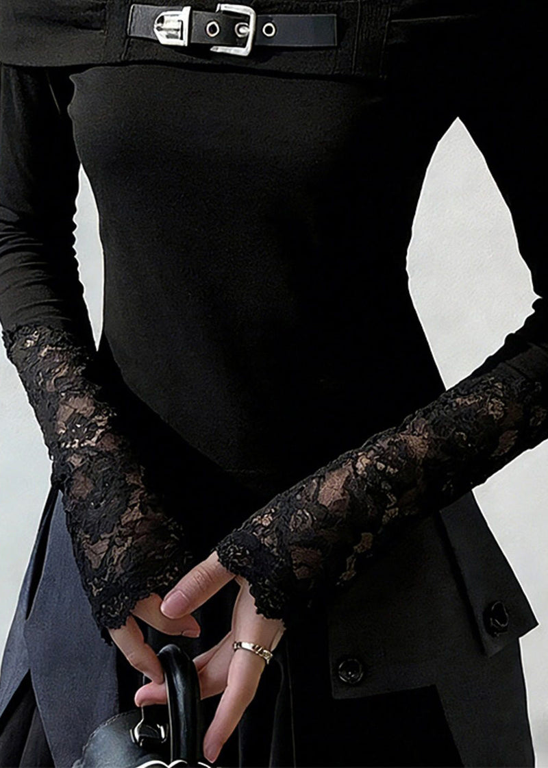 New Black V Neck Lace Patchwork T Shirt Spring