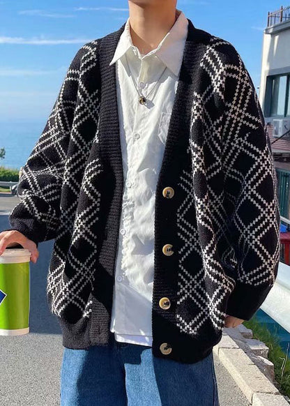 New Black V Neck Plaid Button Knit Cardigans Spring