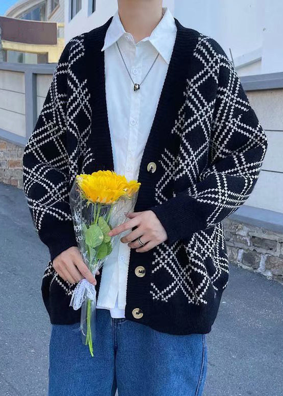 New Black V Neck Plaid Button Knit Cardigans Spring