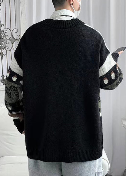 New Black V Neck Print Button Cotton Knit Cardigan Spring