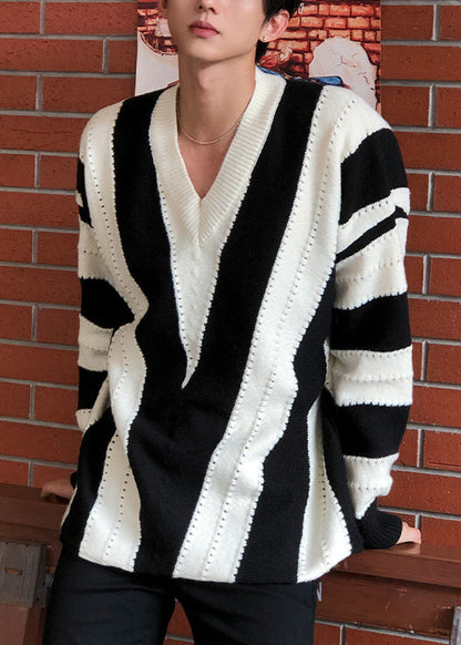 New Black V Neck Striped Knit Knit Sweater Spring