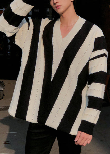 New Black V Neck Striped Knit Knit Sweater Spring