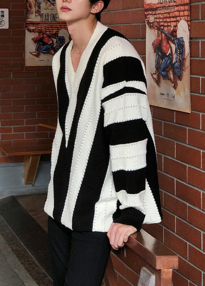 New Black V Neck Striped Knit Knit Sweater Spring