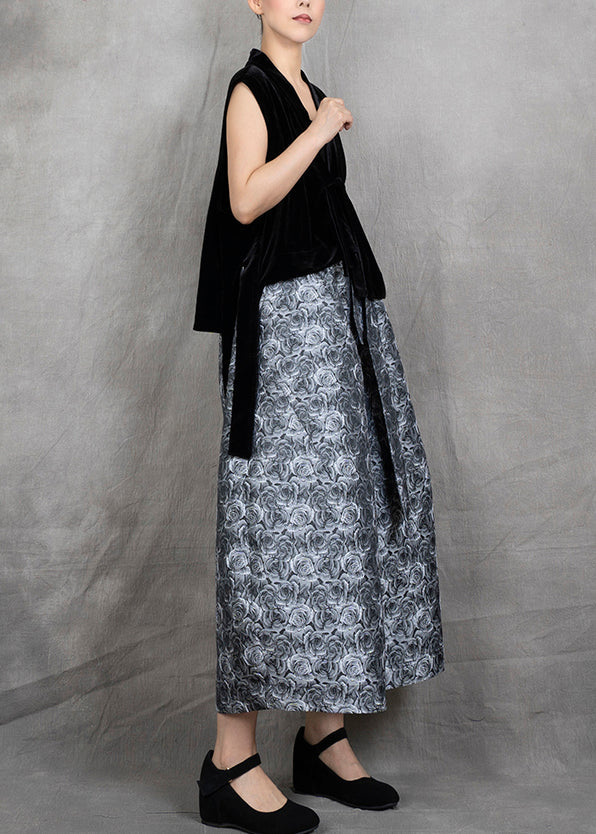 New Black Velvet Vest and Cotton Wide Leg Pants Jacquard Two-piece Set Autumn