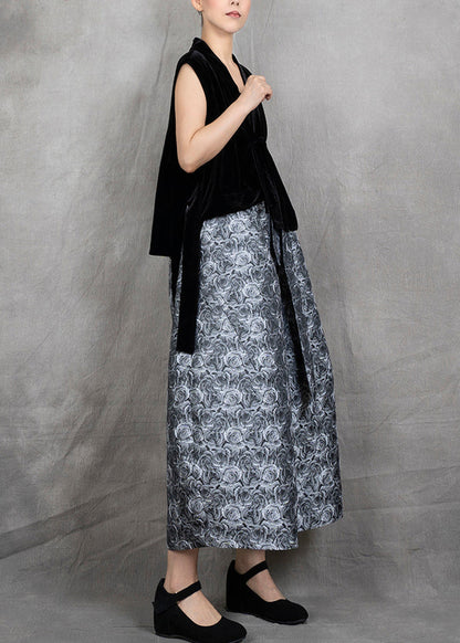 New Black Velvet Vest and Cotton Wide Leg Pants Jacquard Two-piece Set Autumn