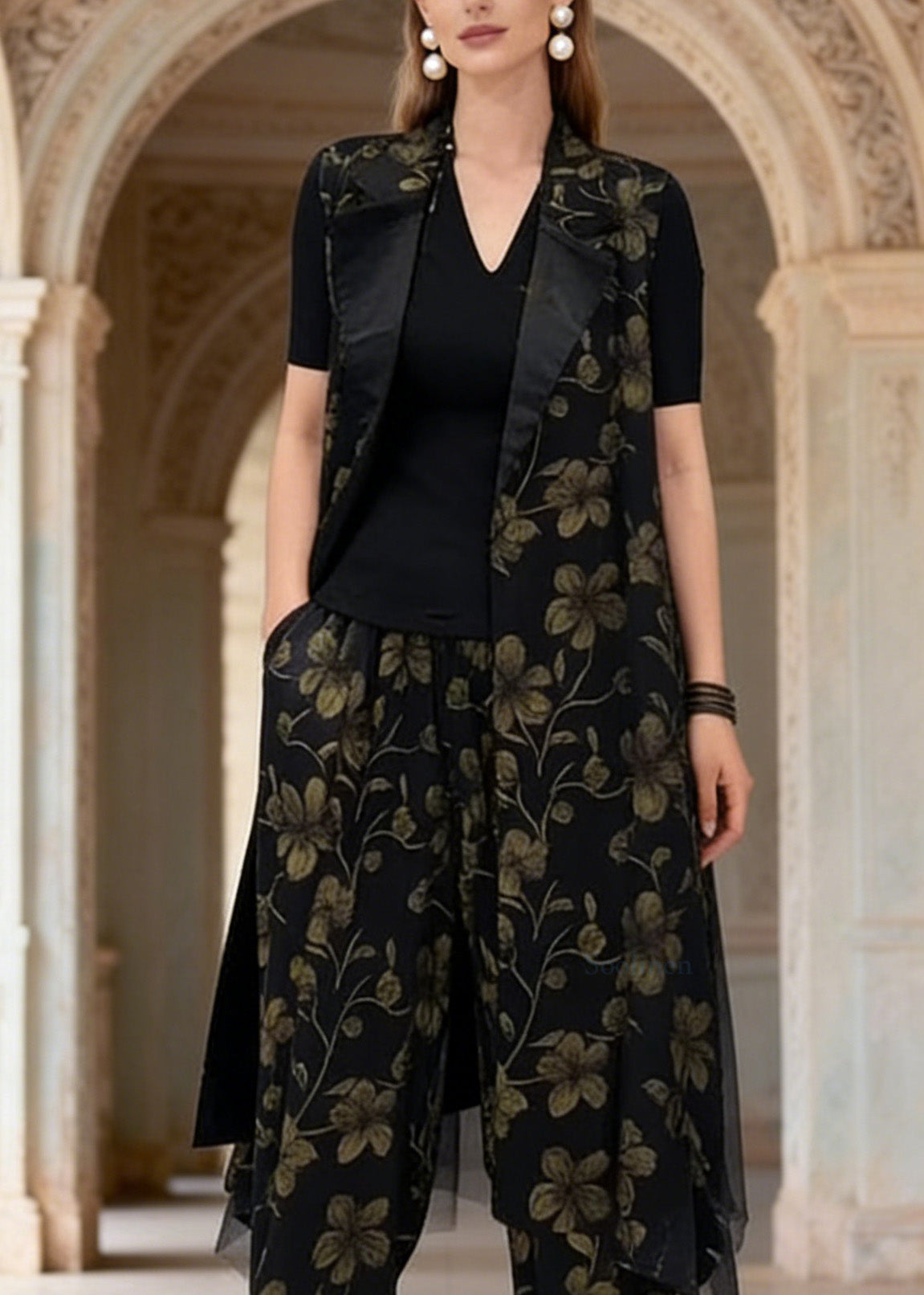 New Black Vest and Pants Jacquard Silk Two Pieces Set Summer