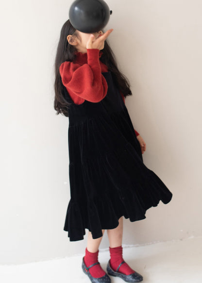 New Black Wrinkled Patchwork Silk Velour Kids Long Dresses Fall