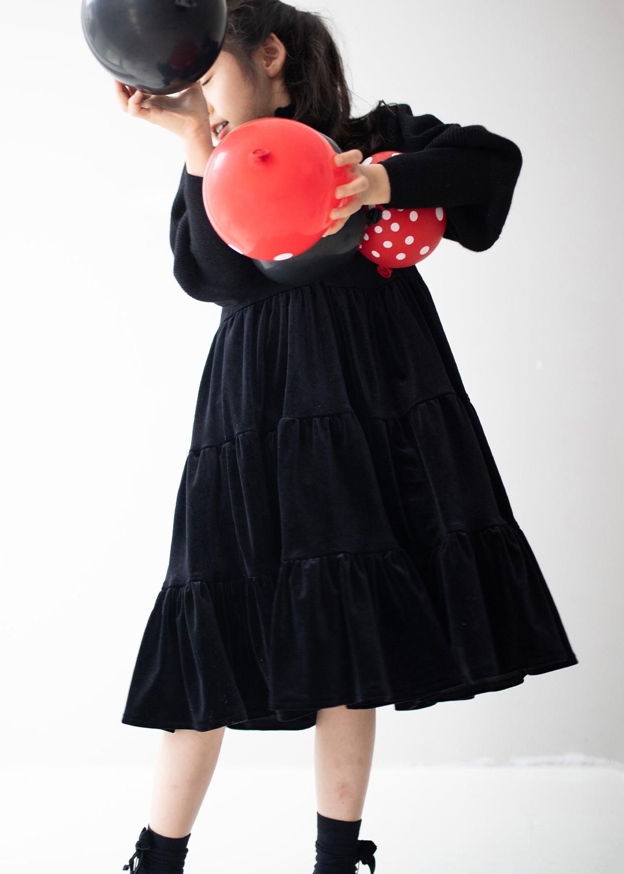 New Black Wrinkled Patchwork Silk Velour Kids Long Dresses Fall