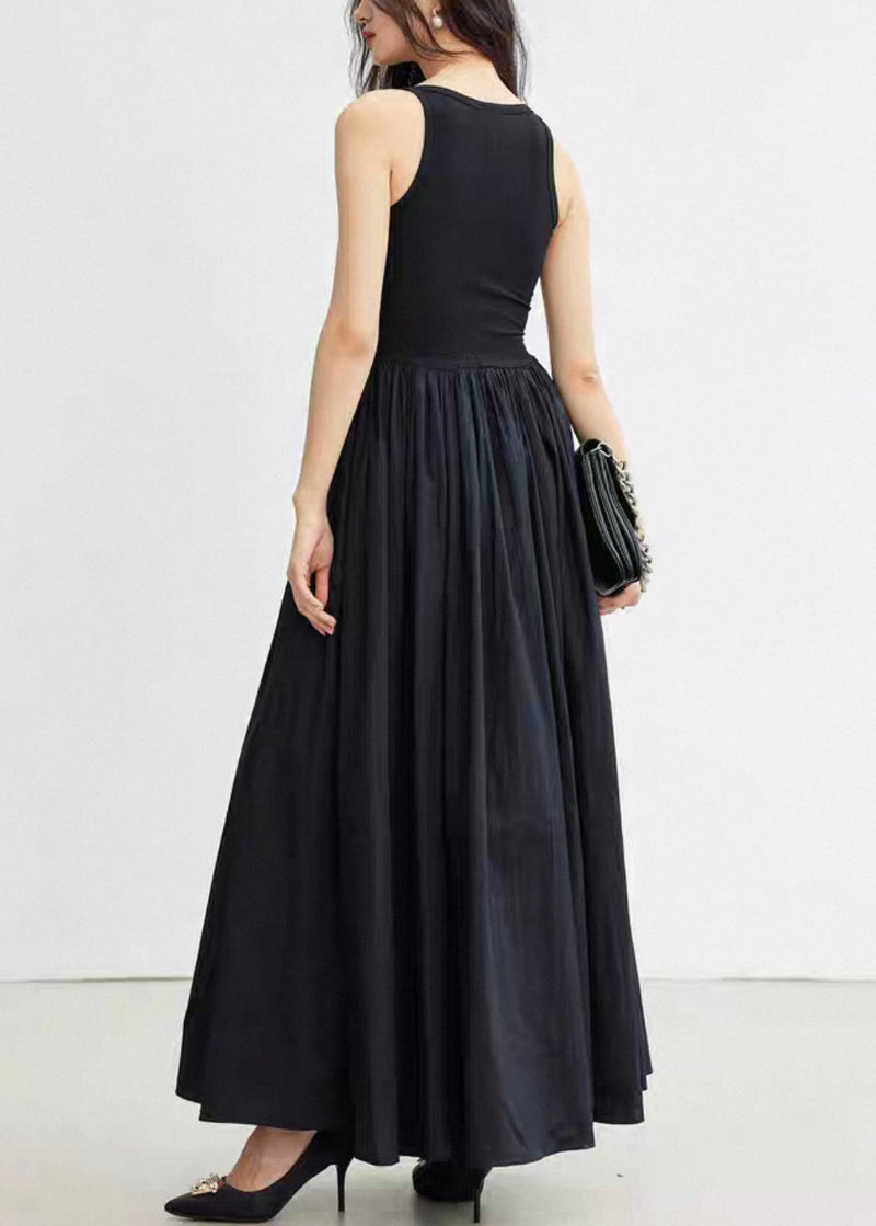 New Black Wrinkled Pockets Cotton Spaghetti Strap Dress Sleeveless