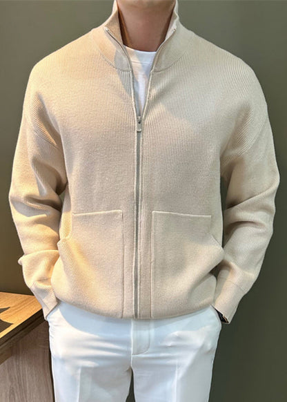 New Black Zip Up Pockets Knit Coats Spring