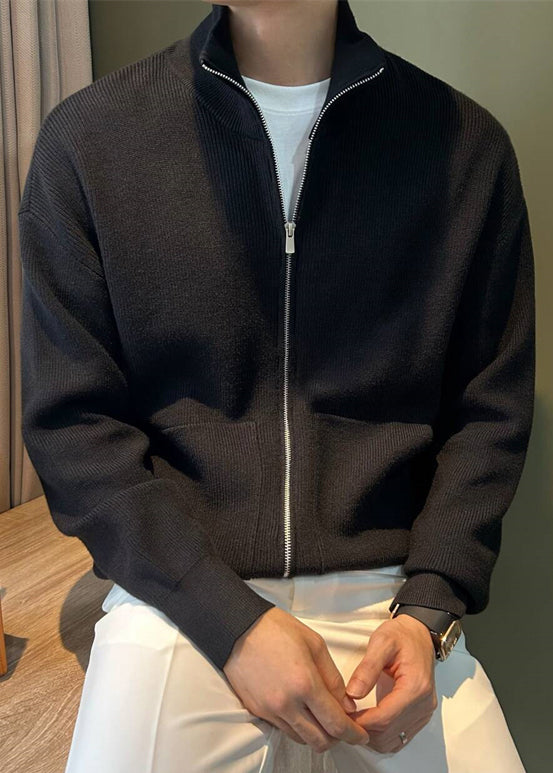 New Black Zip Up Pockets Knit Coats Spring