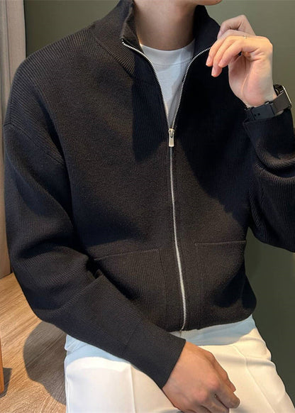 New Black Zip Up Pockets Knit Coats Spring