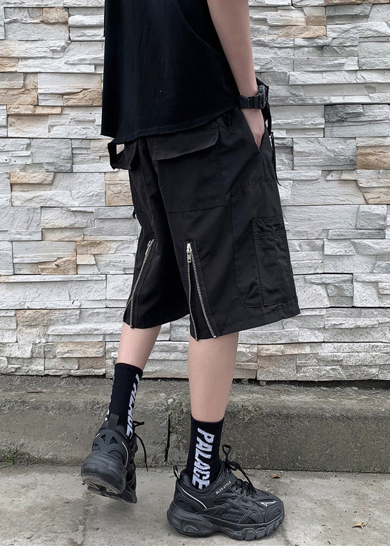 New Black Zippered Pockets Cotton Shorts Summer