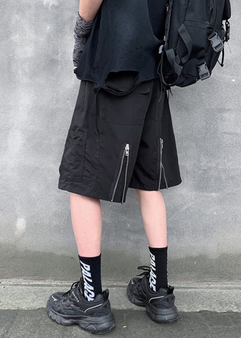 New Black Zippered Pockets Cotton Shorts Summer