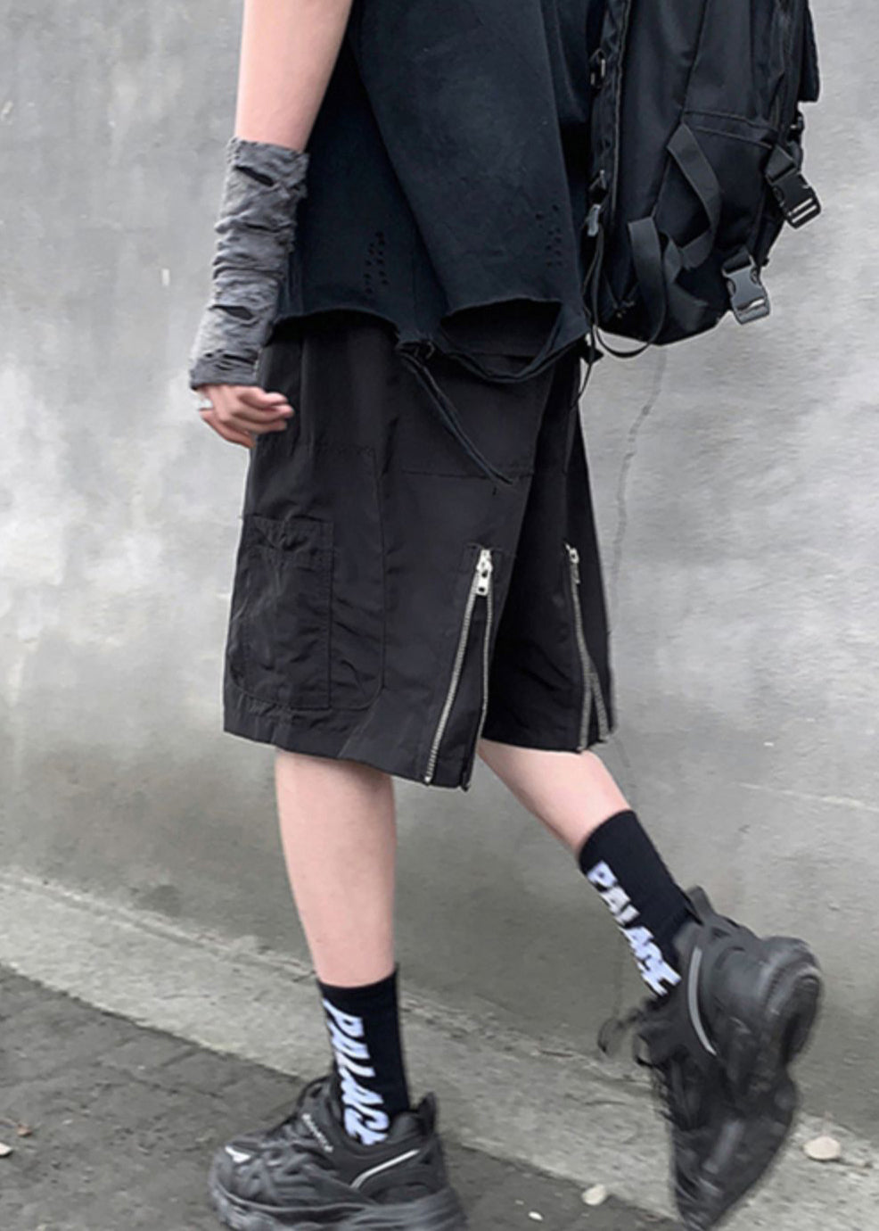 New Black Zippered Pockets Cotton Shorts Summer