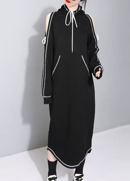 New Black Hooded Pockets Asymmetrical Design Fall Sweatshirts Dresses