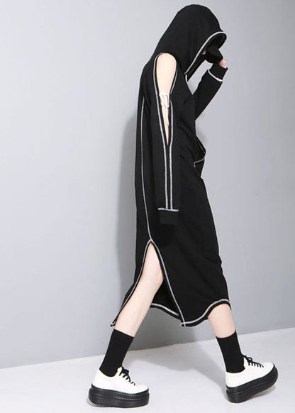 New Black Hooded Pockets Asymmetrical Design Fall Sweatshirts Dresses