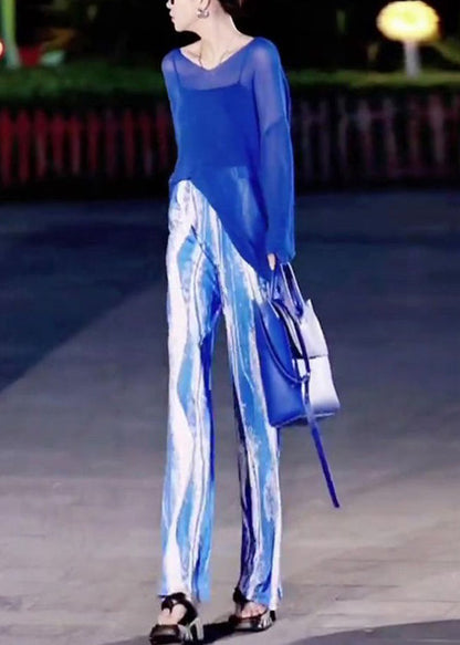 New Blue Asymmetrical Tops and Tie Dye Pants Ice Silk Two Pieces Set Spring