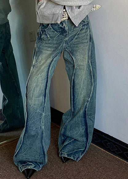 New Blue Button Pockets Denim Pants Fall