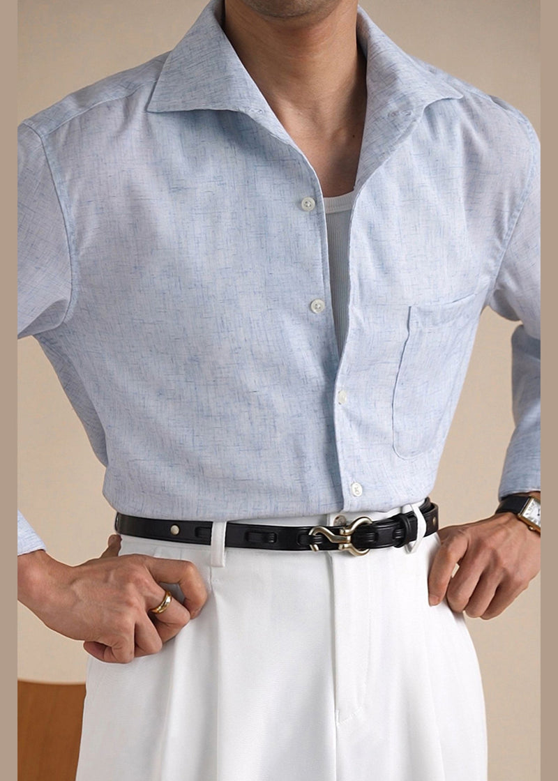 New Blue Button Pockets Linen Shirts Fall