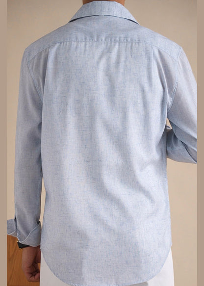 New Blue Button Pockets Linen Men Shirts Fall