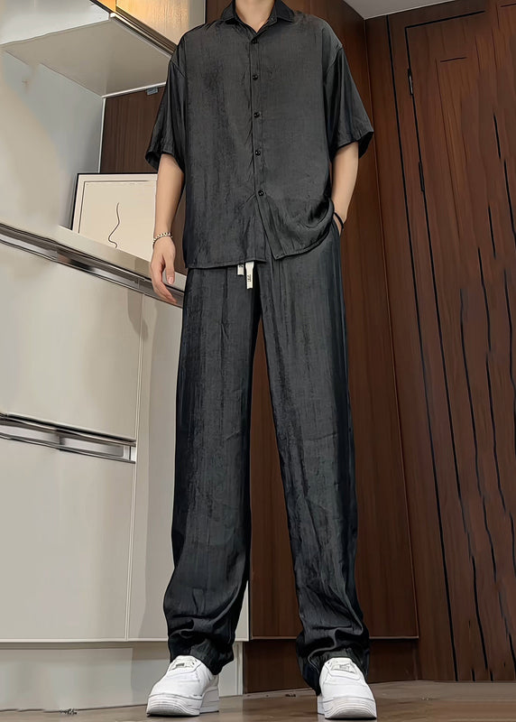 New Blue Button Shirts and Pants Silk Two Pieces Set Summer