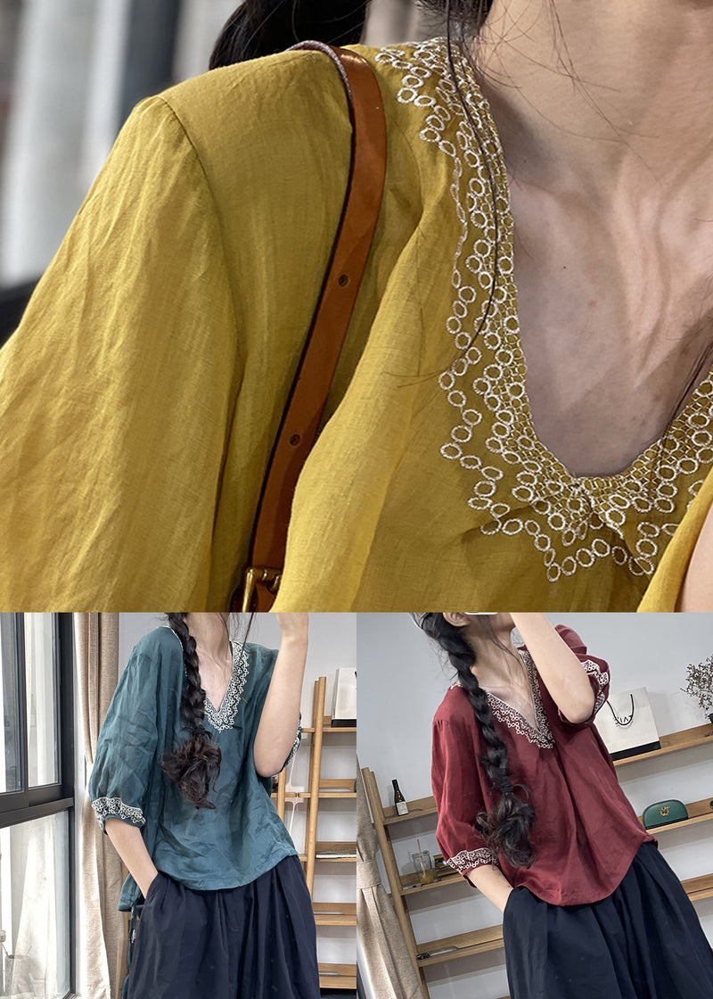 New Blue Embroidered Linen Blouses Summer