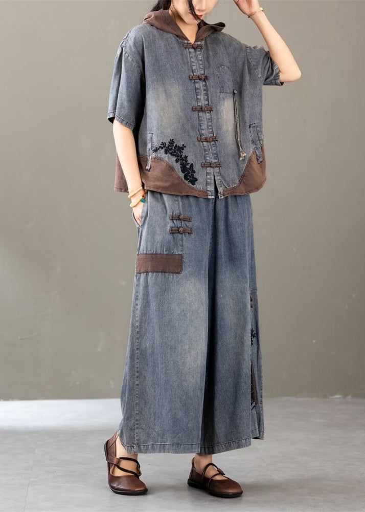 New Blue Embroidered Tops and Wide Leg Pants Two Pieces Set Summer
