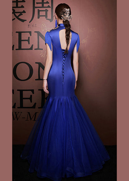 New Blue Embroidered Wrinkled Tulle Patchwork Silk Dress Short Sleeve